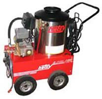 Hotsy Model 555SS used and rebuilt diesel fired hot water pressure washer with stainless steel coil wrap, 1300 pounds per square inch at 2.2 gallons per minute and a 120 volt motor