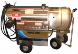 Delco Versa 200 used and rebuilt diesel fired hot water pressure washer with 1200 pounds per square inch at 3.6 gallons per minute and a 230 volt motor