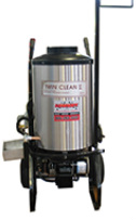 Twin Clean II stainless steel used and rebuilt diesel fired hot water pressure washer with 1000 pounds per inch at 3 gallon per minute and a 2 horse power 110 volt motor