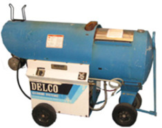 Delco Force Five used and rebuilt diesel fired hot water pressure washer with 1500 pounds per square inch at 5 gallons per minute and a 220 volt motor