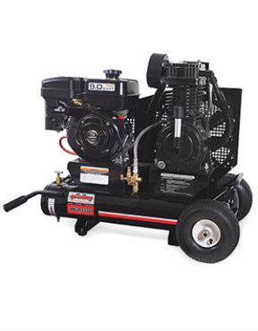 Gas engine driven twin 8 gallon 17.2 cubic feet per minute/175 pounds per square inch powder coated industrial 265cc Subaru overhead valve air compressor with pneumatic idle control