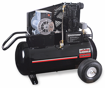 Portable 20 gallon horizontal powder coated air compressor with 8.4 cubic feet per minute/100 pounds per square inch and an industrial 2 horse power 120 volt 18.8 amp single phase electric motor