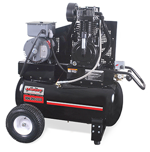Portable 30 gallon horizontal powder coated air compressor with 16.9 cubic feet per minute/175 pounds per square inch and an industrial 5 horse power 240 volt 20 amp single phase electric motor