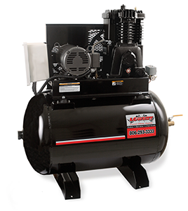 Stationary 80 gallon horizontal powder coated air compressor with 18 cubic feet per minute/175 pounds per square inch and an industrial 5 hp 230 volt 23 amp single phase electric motor